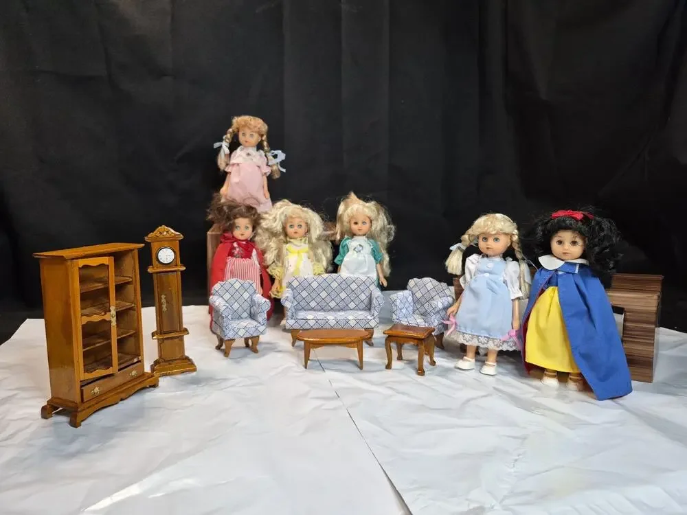 Vintage Dolls And Hand Carved Furniture Grandfather Clock , Couch And Chairs,